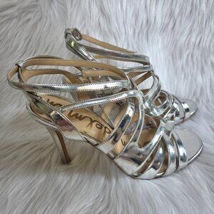 SAM EDELMAN Silver Metallic Leather Strappy Open-Toe High Heel Sandals Size 7.5